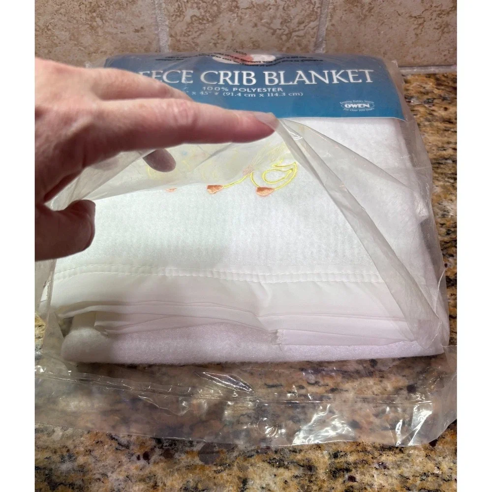 Vintage OWEN Fleece Crib Blanket White Duckies Made in USA Embroidered